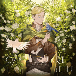Rule 34 | 1boy, animal, animal on hand, bad id, bad pixiv id, belt, belt buckle, bird, black belt, black hair, blonde hair, blue eyes, book, brown jacket, buckle, cape, character name, closed mouth, collar, emblem, erwin smith, flower, green cape, happy birthday, highres, holding, holding book, jacket, leather, leather jacket, long sleeves, looking at another, male focus, neckwear request, pants, paradis military uniform, plant, shingeki no kyojin, shirt, short hair, smile, solo, standing, thick eyebrows, uniform, upper body, white flower, white pants, yuji (fantasia)