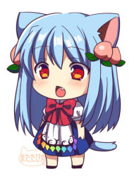 Rule 34 | 1girl, animal ears, bad id, bad pixiv id, blue hair, blush, bow, cat ears, cat tail, chestnut mouth, chibi, fang, food, fruit, hair ornament, hinanawi tenshi, kemonomimi mode, long hair, matatabi maru, no headwear, open mouth, peach, puffy sleeves, red eyes, shirt, short sleeves, simple background, skirt, solo, tail, touhou, white background