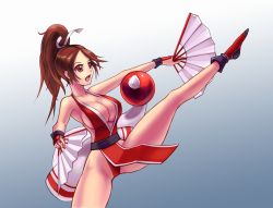 Rule 34 | 1girl, breasts, brown hair, fatal fury, highres, hybridmink, large breasts, ponytail, shiranui mai, snk, solo, white background