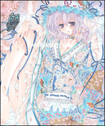 Rule 34 | 1girl, barefoot, blush, breasts, bug, butterfly, cherry blossoms, cleavage, embellished costume, female focus, floral print, folding fan, frills, hand fan, hand in own hair, hat, insect, japanese clothes, kimono, legs, marker (medium), open mouth, painting (medium), pekopokox, petals, pink hair, purple eyes, ribbon, saigyouji yuyuko, shikishi, short hair, sitting, smile, solo, too many, touhou, traditional media