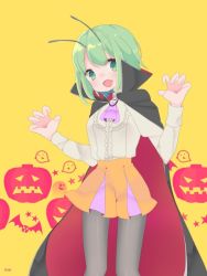 Rule 34 | 1girl, adapted costume, antennae, ascot, bat (animal), black cloak, black pantyhose, breasts, cloak, collared shirt, commentary request, feet out of frame, ghost, green eyes, green hair, halloween, jack-o&#039;-lantern, kari (atsuki 565), long sleeves, looking at viewer, open mouth, orange skirt, pantyhose, pink ascot, red cloak, shirt, short hair, skirt, small breasts, smile, solo, star (symbol), touhou, two-sided cloak, two-sided fabric, white shirt, wriggle nightbug, yellow background