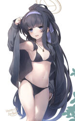 Rule 34 | 1girl, absurdres, arm up, armpits, bags under eyes, bare shoulders, bikini, black bikini, black hair, blue archive, blush, breasts, cardigan, grey cardigan, grey jacket, hair between eyes, hairband, halo, highres, jacket, jewelry, long hair, long sleeves, looking at viewer, mayusaki yuu, navel, necklace, o-ring, o-ring bikini, o-ring bottom, o-ring top, official alternate costume, open cardigan, open clothes, open mouth, ponytail, purple hairband, simple background, small breasts, solo, standing, stomach, string bikini, swimsuit, ui (blue archive), ui (swimsuit) (blue archive), very long hair, white background, yellow halo