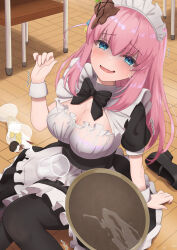 Rule 34 | 1girl, absurdres, apron, black bow, black bowtie, black pantyhose, blue eyes, blush, bocchi the rock!, bow, bowtie, breasts, chair, cleavage, clumsy, cube hair ornament, cup, fallen down, food, food on head, frills, gotoh hitori, hair ornament, hand up, highres, ice cream, komugikokonko, large breasts, long hair, looking at viewer, maid, maid apron, maid headdress, object on head, on floor, pantyhose, parfait, pink hair, puffy short sleeves, puffy sleeves, raised eyebrows, shoes, short sleeves, side ahoge, single shoe, sitting, solo, spill, tears, tray, wrist cuffs