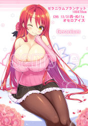 Rule 34 | 1girl, bare shoulders, black skirt, breasts, brown pantyhose, character name, cleavage, closed mouth, cropped legs, flower, flower knight girl, geranium (flower knight girl), hair flower, hair ornament, huge breasts, long hair, looking at viewer, off-shoulder, off-shoulder sweater, off shoulder, one eye closed, pantyhose, petals, pink sweater, red hair, ribbed sweater, sample watermark, shuz (dodidu), sitting, skirt, smile, solo, sweater, translation request, watermark, yellow eyes