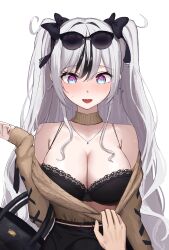 Rule 34 | 1boy, 1girl, @ @, absurdres, arm up, azur lane, bag, bare shoulders, black bra, blush, bra, breasts, cleavage, clothes pull, cowboy shot, earrings, elbe (azur lane), elbe (pure-hearted bad girl) (azur lane), eyewear on head, hair between eyes, hair intakes, hair over breasts, hair ribbon, handbag, highres, holding, holding bag, jewelry, lace, lace-trimmed bra, lace trim, large breasts, long hair, looking down, multicolored eyes, multicolored hair, nail polish, necktie, off-shoulder sweater, off shoulder, open mouth, out of frame, ribbon, rk (cc15915r), sidelocks, sunglasses, sweatdrop, sweater, twintails, underwear, white background, white hair