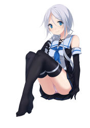 Rule 34 | 10s, 1girl, aqua eyes, arm support, black thighhighs, braid, elbow gloves, feet, full body, gloves, hair between eyes, highres, kantai collection, long hair, looking at viewer, miniskirt, no shoes, panties, pantyshot, see-through, see-through legwear, silver hair, simple background, single braid, sitting, skirt, solo, thighhighs, toes, umikaze (kancolle), underwear, white background