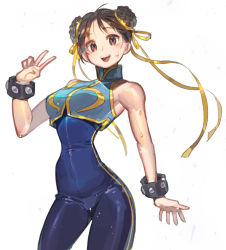 Rule 34 | 1girl, armpits, bare shoulders, blue unitard, bow, bracelet, breasts, brown eyes, brown hair, capcom, chun-li, commentary request, crop top, double bun, eyeshadow, gold trim, hair bow, hair bun, hair ornament, hand up, highres, jewelry, looking at viewer, makeup, medium breasts, sleeveless, smile, solo, spiked bracelet, spikes, standing, street fighter, street fighter zero (series), sweat, sweatdrop, tanakalma, teeth, unitard, upper teeth only, v, wind, yellow bow