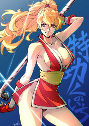 Rule 34 | 1girl, absurdres, blonde hair, breasts, brown eyes, capcom, cleavage, commentary request, curvy, fighting game, final fight, genryuusai maki, grin, high ponytail, highres, holding, holding weapon, long hair, looking at viewer, looking to the side, medium breasts, ninja, pelvic curtain, ponytail, revealing clothes, smile, solo, street fighter, street fighter zero (series), strikebeagle, tonfa, translation request, weapon, wide hips