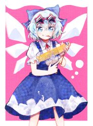 Rule 34 | 1girl, blue bow, blue dress, blue eyes, blue hair, bottle, bow, cirno, commentary request, detached wings, dress, drinking straw, drinking straw in mouth, eyewear on head, feet out of frame, highres, holding, itomugi-kun, looking at viewer, mouth hold, neck ribbon, pink background, red ribbon, ribbon, shirt, short hair, solo, star-shaped eyewear, star (symbol), sunglasses, touhou, white shirt, wings