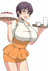 Rule 34 | 1girl, anna miller, apron, blush, breasts, brown hair, cake, closed eyes, cowboy shot, cup, food, fruit, hands up, holding, holding tray, idolmaster, idolmaster cinderella girls, idolmaster cinderella girls starlight stage, james (jms-pnt), large breasts, oikawa shizuku, open mouth, orange apron, orange skirt, pencil skirt, shirt, short hair, short sleeves, simple background, skirt, smile, solo, standing, strawberry, suspender skirt, suspenders, teacup, tray, waitress, white background, white shirt