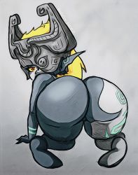Rule 34 | 1girl, all fours, artist name, ass, biggy deez, colored skin, demon girl, grey background, highres, huge ass, looking at viewer, looking back, midna, multicolored skin, nintendo, shortstack, signature, the legend of zelda, the legend of zelda: twilight princess, traditional media