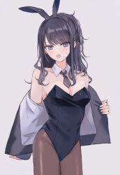 Rule 34 | 1girl, :o, animal ears, bare shoulders, black hair, black leotard, black necktie, black pantyhose, blush, breasts, breasts apart, collarbone, detached collar, fake animal ears, groin, highres, idolmaster, idolmaster shiny colors, jacket, kazano hiori, kinukinu otofu, leotard, long hair, looking at viewer, mole, mole under mouth, necktie, open clothes, open jacket, pantyhose, playboy bunny, rabbit ears, short necktie, simple background, small breasts, solo, sweatdrop, undressing, very long hair
