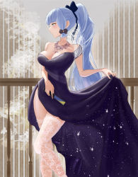 Rule 34 | 1girl, absurdres, ayaka (genshin impact), blue dress, blue eyes, blue hair, blunt bangs, bow, breasts, cleavage, clothes lift, dress, dress lift, genshin impact, hair bow, hand fan, highres, holding, holding fan, lesux0723, long hair, looking to the side, medium breasts, ponytail, thighhighs, white thighhighs