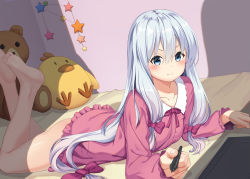 Rule 34 | 10s, 1girl, :t, bao nuan, barefoot, bedroom, blue eyes, blush, closed mouth, collarbone, drawing tablet, eromanga sensei, artistic error, frills, hair between eyes, highres, holding, izumi sagiri, long hair, long sleeves, looking at viewer, low-tied long hair, lying, no pants, on bed, on side, on stomach, pajamas, pout, silver hair, soles, solo, stuffed animal, stuffed chicken, stuffed toy, stylus, teddy bear, thighs