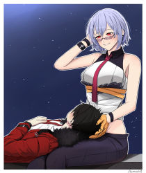 Rule 34 | 1boy, 1girl, arm behind head, artist name, black hair, black pants, blue hair, blush, commander (girls&#039; frontline), darkpulsegg, girls&#039; frontline, glasses, griffin &amp; kryuger military uniform, hand on own head, highres, jacket, lap pillow, looking at another, looking over eyewear, looking over glasses, lying on person, necktie, pants, red eyes, red jacket, red necktie, shirt, short hair, simple background, sitting, smile, star (symbol), starry background, sunglasses, thompson (girls&#039; frontline), tinted eyewear, white shirt