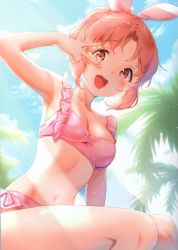 Rule 34 | 1girl, :d, abe nana, absurdres, animal ears, armpits, bikini, blue sky, blush, breasts, cleavage, cloud, collarbone, day, from below, groin, highres, idolmaster, idolmaster cinderella girls, looking at viewer, navel, open mouth, outdoors, pink bikini, pink hair, ponytail, rabbit ears, red eyes, shiny skin, short hair, sideboob, sitting, sky, small breasts, smile, solo, sunlight, swimsuit, v over eye, yukimochi kinako