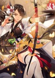 Rule 34 | 1girl, archery, arrow (projectile), bow (weapon), breasts, brown eyes, brown hair, collarbone, cowboy shot, feather hair ornament, feathers, fingernails, floral print, flower, hair flower, hair ornament, hair ribbon, hands up, highres, holding, holding bow (weapon), holding weapon, index finger raised, japanese clothes, katana, kimono, legs together, long hair, long sleeves, medium breasts, muneate, obi, original, parted bangs, parted lips, petals, quiver, rainmaker, red ribbon, ribbon, sash, scabbard, sheath, sheathed, solo, standing, standing on one leg, sword, tassel, thighhighs, weapon, weapon on back, white thighhighs, wide sleeves