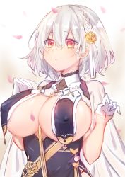Rule 34 | 1girl, absurdres, azur lane, blush, braid, breast curtains, breasts, china dress, chinese clothes, cleavage, closed mouth, dress, gloves, grey dress, hair between eyes, hair ornament, half gloves, highres, large breasts, looking at viewer, neckwear between breasts, p-mou, petals, red eyes, revealing clothes, see-through, short hair, side braid, sideboob, sirius (azur lane), sirius (azure horizons) (azur lane), solo, white gloves, white hair