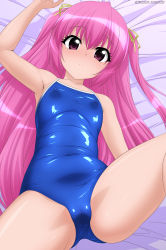 Rule 34 | 1girl, absurdres, blue one-piece swimsuit, cameltoe, commentary request, competition school swimsuit, crotch seam, flat chest, hair ribbon, highres, long hair, looking at viewer, lying, one-piece swimsuit, original, pink hair, purple eyes, ribbon, school swimsuit, solo, spread legs, sugimura tomokazu, swimsuit, two side up, yellow ribbon