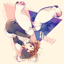 Rule 34 | !, 10s, 1girl, amagi hana, blush, bodysuit, boku no hero academia, boots, breasts, brown eyes, brown hair, character name, commentary request, copyright name, english text, eyebrows, floating, knee boots, looking at viewer, medium breasts, night, short eyebrows, short hair, sky, smile, solo, star (sky), starry sky, upside-down, uraraka ochako