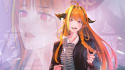 Rule 34 | 1girl, ahoge, blonde hair, bow, breasts, dragon horns, hairband, highres, hololive, horn bow, horn ornament, horns, hyde (tabakko), jacket, kiryu coco, large breasts, long hair, looking at viewer, meme, microphone, multicolored hair, multiple views, music, never gonna give you up, open mouth, orange hair, pointy ears, real life, red eyes, rick astley, shirt, singing, smile, virtual youtuber