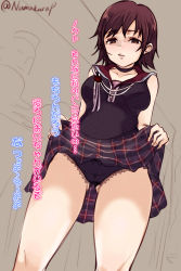Rule 34 | 10s, 1girl, black panties, blouse, blush, brown eyes, brown hair, checkered clothes, checkered skirt, clothes lift, final fantasy, final fantasy xv, highres, iris amicitia, lifted by self, matching hair/eyes, md5 mismatch, numakurap, panties, shirt, short hair, skirt, skirt lift, sleeveless, sleeveless shirt, solo, standing, text focus, thighs, translation request, underwear, unfinished, sketch background