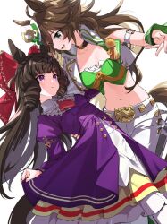 Rule 34 | 2girls, ahoge, animal ears, armband, ascot, blush, bow, breasts, brown hair, choker, closed mouth, cropped jacket, daiichi ruby (umamusume), dress, drill hair, eye contact, green eyes, hair bow, hair ornament, hairclip, hand on another&#039;s waist, hat, horse ears, horse girl, horse tail, jacket, juliet sleeves, layered dress, long hair, long sleeves, looking at another, midriff, mini hat, mini top hat, misu kasumi, mr. c.b. (umamusume), multiple girls, navel, open mouth, pants, puffy sleeves, purple dress, purple eyes, red ascot, shirt, simple background, single sleeve, skirt hold, small breasts, smile, strapless, strapless shirt, tail, top hat, umamusume, white background, white jacket, white pants, wrist cuffs