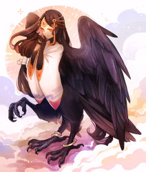 Rule 34 | 1girl, anklet, bird legs, black feathers, black hair, bright pupils, facial mark, feathered wings, feathers, female focus, forehead mark, highres, hogara, japanese clothes, jewelry, long hair, monster girl, multicolored hair, original, own hands together, parted bangs, pink hair, red eyes, signature, smile, solo, white pupils, wide sleeves, wings