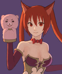 Rule 34 | 1girl, animal ears, bare shoulders, bow, bowtie, breasts, brown eyes, brown hair, cerberus (shingeki no bahamut), cleavage, closed mouth, dog ears, elbow gloves, female focus, gloves, hair between eyes, hand puppet, hand up, highres, large breasts, long hair, looking at viewer, matching hair/eyes, medium breasts, neck, puppet, purple background, red bow, red bowtie, revealing clothes, shingeki no bahamut, simple background, smile, solo, strapless, tsukebo, twintails
