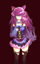 Rule 34 | 1girl, animal ears, bare shoulders, black thighhighs, bow, bowtie, corset, darandy, detached collar, detached sleeves, dress, ear tag, female focus, frilled dress, frills, headdress, heart, heart-shaped pupils, highres, horns, long hair, open mouth, original, purple hair, red background, sheep horns, solo, strapless, symbol-shaped pupils, thighhighs, torn clothes, torn thighhighs, zettai ryouiki