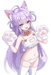 1girl ahoge animal_ear_fluff animal_ears animal_hands bare_shoulders bell fang fox_ears fox_girl fox_tail gloves hands_up heterochromia highres long_hair looking_at_viewer navel neck_bell open_mouth paw_gloves purple_hair simple_background smile solo standing stellive stomach tail tenko_shibuki thighhighs very_long_hair white_background white_gloves white_thighhighs yulha_06