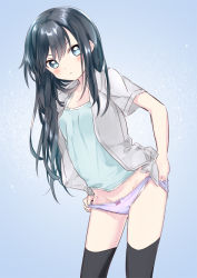 Rule 34 | 10s, 1girl, alternate costume, asashio (kancolle), black hair, black thighhighs, blue eyes, blush, bow, bow panties, camisole, casual, kantai collection, long hair, mirakururu, no pants, panties, panty pull, personification, purple panties, solo, standing, thighhighs, underwear, undressing