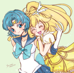 Rule 34 | 10s, 2014, 2girls, bishoujo senshi sailor moon, bishoujo senshi sailor moon crystal, blonde hair, blue eyes, blue hair, blue sailor collar, blue skirt, blush, bow, brooch, choker, company connection, crossover, cure peace, dated, earrings, elbow gloves, closed eyes, gloves, green background, hair flaps, jewelry, kanemoto hisako, kise yayoi, long hair, magical girl, mizuno ami, multiple girls, precure, ribbon, sailor collar, sailor mercury, voice actor connection, short hair, signature, skirt, smile, smile precure!, tiara, toei animation, white gloves, yellow skirt, yukinami (paru26i)