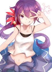 Rule 34 | &gt; o, 10s, 1girl, ;q, absurdres, akebono (kancolle), alternate costume, bare arms, bell, camisole, flower, hair bell, hair flower, hair ornament, highres, kantai collection, long hair, navel, one eye closed, purple eyes, purple hair, ranf, side ponytail, simple background, smile, solo, star (symbol), tongue, tongue out, v