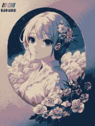 1girl artist_name blue_eyes border cloud color_guide cumulonimbus_cloud dithering flower gradient_border grey_hair highres japanese_clothes kimono limited_palette original pixel_art portrait short_hair sky solo specialhanako star_(sky) starry_sky white_flower white_kimono