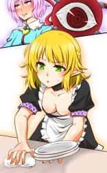 Rule 34 | 2girls, adapted costume, alternate costume, apron, bare arms, blonde hair, blush, breasts, choker, cleaning, cleavage, closed mouth, collar, downblouse, dress, enmaided, eyeball, female pervert, frilled shirt collar, frills, green eyes, heart, holding, holding plate, komeiji satori, leaning forward, lipgloss, lips, long sleeves, looking at breasts, looking away, maid, maid apron, medium breasts, mizuhashi parsee, multiple girls, pervert, plate, pointy ears, purple eyes, purple hair, red eyes, ringed eyes, shiraue yuu, shirt, short hair, short sleeves, standing, sweatdrop, table, third eye, touhou, upper body, wing collar, yuri