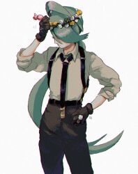 Rule 34 | 1girl, ahoge, androgynous, belt, black gloves, black pants, collared shirt, covered eyes, cowboy shot, creatures (company), facing viewer, flower wreath, game freak, gloves, green hair, grey shirt, hair over eyes, hand on own head, hand on own hip, hand up, head wreath, long hair, low ponytail, nintendo, pants, pokemon, pokemon sv, ponytail, reverse trap, rika (pokemon), shirt, shirt tucked in, simple background, solo, standing, suspenders, swept bangs, ttanne, white background
