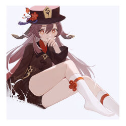 Rule 34 | 1girl, border, bright pupils, brown coat, brown hair, brown hat, brown shorts, coat, commentary request, covered mouth, flower, flower-shaped pupils, genshin impact, grey background, hair between eyes, hand on own face, hand up, hat, hat flower, hat tassel, highres, hu tao (genshin impact), long hair, long sleeves, looking at viewer, no shoes, orange eyes, pen liangshui po ya po, shorts, simple background, sitting, smile, socks, solo, symbol-shaped pupils, thighs, twintails, white border, white pupils, white socks