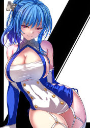 Rule 34 | 1girl, akeyama kitsune, arm behind back, azur lane, blue hair, blush, breasts, cleavage, cowboy shot, curvy, elbow gloves, garter straps, gloves, large breasts, looking at viewer, ponytail, seductive smile, sideboob, smile, solo, st. louis (azur lane), striped, striped background, thighhighs, white thighhighs, wide hips