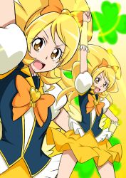 Rule 34 | 10s, 1girl, blonde hair, brooch, cure honey, eyelashes, hair ornament, hair ribbon, happinesscharge precure!, happy, heart, heart brooch, jabara tornado, long hair, looking at viewer, magical girl, oomori yuuko, open mouth, ponytail, precure, puffy sleeves, ribbon, shirt, skirt, smile, solo, standing, vest, wide ponytail, wrist cuffs, yellow eyes, yellow skirt