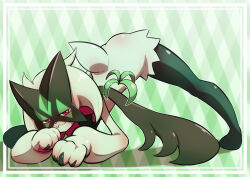 Rule 34 | 1girl, :3, animal hands, animal nose, argyle, argyle background, argyle clothes, body fur, border, cat girl, cat tail, closed mouth, creatures (company), fang, fang out, female focus, floating, floating object, full body, fumirumochigashin, furry, furry female, game freak, green background, green fur, green hair, green theme, half-closed eyes, happy, highres, jack-o&#039; challenge, legs, looking at viewer, meowscarada, nintendo, outline, outside border, own hands together, pawpads, pokemon, pokemon (creature), red eyes, short hair, smile, solo, spread legs, tail, textless version, top-down bottom-up, two-tone fur, white border, white outline