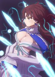 Rule 34 | 1girl, bare shoulders, bazett fraga mcremitz, breasts, cleavage, criss-cross halter, dress, earrings, elbow gloves, electricity, energy sword, fate/grand order, fate (series), gloves, halterneck, highres, jewelry, large breasts, long hair, manannan mac lir (fate), manannan mac lir (third ascension) (fate), mole, mole under eye, parted bangs, red eyes, red hair, reijgr (ff9999x), sword, weapon, white dress, white gloves