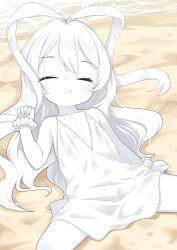 Rule 34 | 1girl, blush, closed eyes, collarbone, colored skin, commentary request, dress, feet out of frame, flat chest, hair between eyes, kantai collection, long hair, lying, nassukun, new submarine princess, on back, parted lips, scrunchie, sleeping, solo, spread legs, white dress, white hair, white scrunchie, white skin, wrist scrunchie
