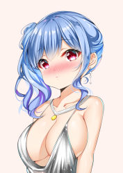 Rule 34 | 1girl, azur lane, backless dress, backless outfit, bad id, bad pixiv id, bare shoulders, blue hair, blush, breasts, catnnn, cleavage, closed mouth, collarbone, dress, earrings, evening gown, grey dress, halter dress, halterneck, highres, jewelry, large breasts, necklace, pink eyes, plunging neckline, revealing clothes, side ponytail, sidelocks, silver dress, st. louis (azur lane), st. louis (luxurious wheels) (azur lane)