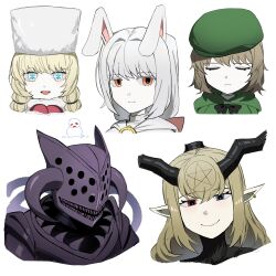 1boy 4girls absurdres armor asdf1211950 baphomet_(black_souls) black_souls black_souls_2 blonde_hair blue_eyes braid brown_hair closed_eyes closed_mouth elma_(black_souls) expressionless fake_horns full_armor gerda_(black_souls) green_hat hat helmet heterochromia highres horned_helmet horns lindamea_(black_souls) long_hair multiple_girls node_(black_souls) pentacle red_eyes short_hair sidelocks simple_background smile twin_braids very_long_hair white_background white_hair