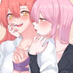 Rule 34 | 2girls, aaaaddddd, akuma no riddle, black shirt, blush, bound, bound wrists, collared shirt, commentary, drill hair, hand on another&#039;s shoulder, highres, inukai isuke, jewelry, licking, licking another&#039;s neck, long hair, long sleeves, looking at another, multiple girls, open mouth, orange eyes, pink hair, purple nails, red hair, ring, sagae haruki, shirt, upper body, wedding ring, white shirt, wife and wife, yellow eyes, yuri