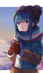 Rule 34 | 1girl, backlighting, beanie, black hat, blue hair, blush, brown gloves, can, coat, down jacket, gloves, hair between eyes, hat, jacket, long hair, looking at viewer, makihitsuji, open mouth, outdoors, outside border, padded coat, purple eyes, scarf, shima rin, solo, striped clothes, striped scarf, yurucamp