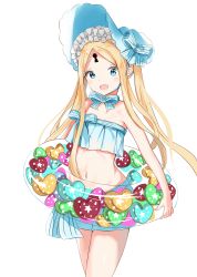 Rule 34 | 1girl, abigail williams (fate), abigail williams (swimsuit), abigail williams (swimsuit foreigner) (fate), abigail williams (swimsuit foreigner) (third ascension) (fate), absurdres, bare shoulders, bikini, blonde hair, blue bikini, blue eyes, blue headwear, blush, bonnet, bow, breasts, fate/grand order, fate (series), forehead, hair bow, highres, innertube, keyhole, long hair, looking at viewer, navel, open mouth, parted bangs, sidelocks, simple background, small breasts, smile, solo, swim ring, swimsuit, thighs, twintails, white background, white bow, yukaa