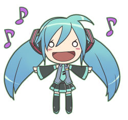 Rule 34 | ahoge, black thighhighs, blush stickers, btoor, chibi, detached sleeves, hatsune miku, long hair, lowres, musical note, necktie, o o, open mouth, outstretched arms, pleated skirt, skirt, smile, solo, thighhighs, twintails, vest, vocaloid