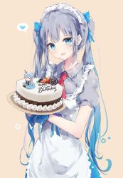 Rule 34 | 1girl, :d, apron, ascot, blue eyes, blush, cake, english text, facial mark, food, fruit, grey hair, grey shirt, happy birthday, head tilt, headdress, heart, heart facial mark, holding, long hair, looking at viewer, maid, maid apron, maid headdress, multicolored hair, open mouth, red ascot, shirt, short sleeves, smile, solo, speech bubble, spoken heart, standing, strawberry, tr (hareru), twintails, upper body, wing collar, wrist cuffs